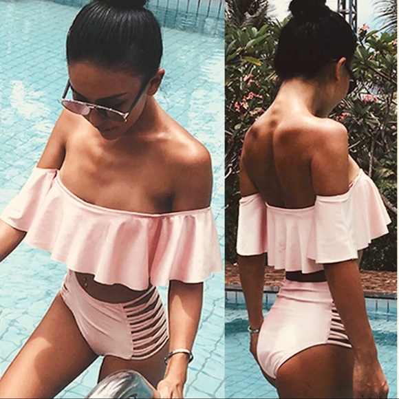 👙Pink Off the Shoulder High Waisted Bikini👙 - Picture 4 of 8